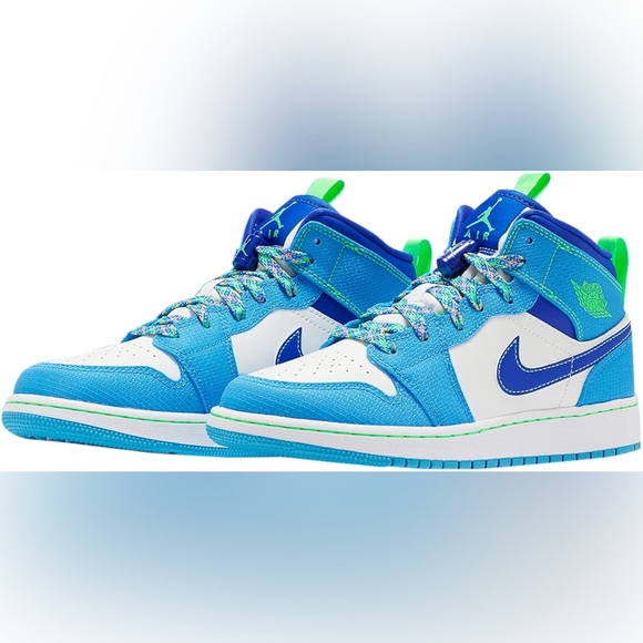 Nike Air Jordan 1 Mid SE Sprite Dark Powder Blue Green Strike Racer Blue Sz 4.5Y - Picture 2 of 9